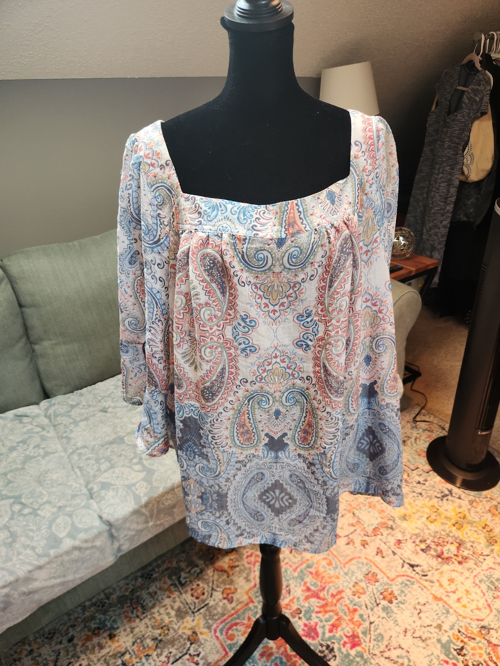 Zac & Rachel Paisley Square-Neck Tunic - Blue/Pink 3X Plus Boho Blouse